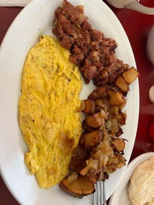 Corned beef hash, scrambled eggs, and potatoes