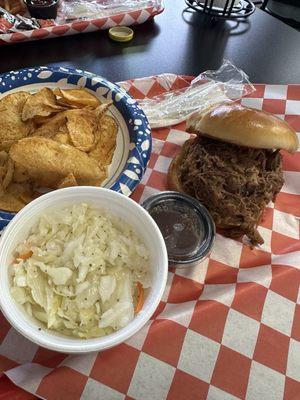 Pulled pork, coleslaw, and house potato chips