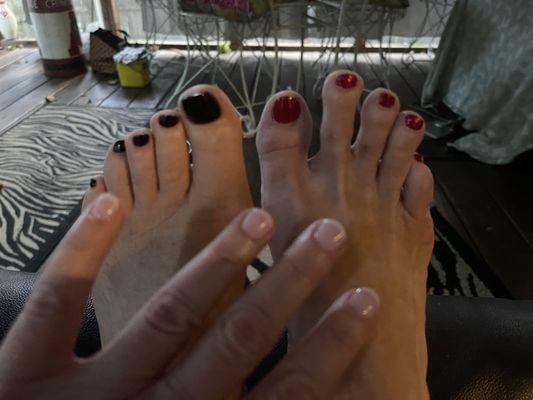 Our lovely toes and my perfect dip mani while relaxing in the massage chair. Pure heaven!  Awesome job!