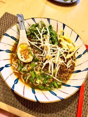 HOWE FARMS SPICY TANTANMEN RAMEN Ground pork, arugula, shoyu egg, green onion, mung bean.