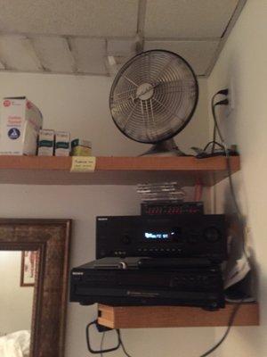 Loud fan in the corner, only circulation in the room.