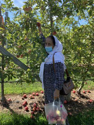 Sabiha Sagri with a bag of handpicked apples.