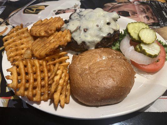 Mushroom Swiss Burger w/waffle fry side