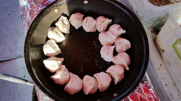 Our hand made Bao being  assembled and placed in a pan to be cooked.