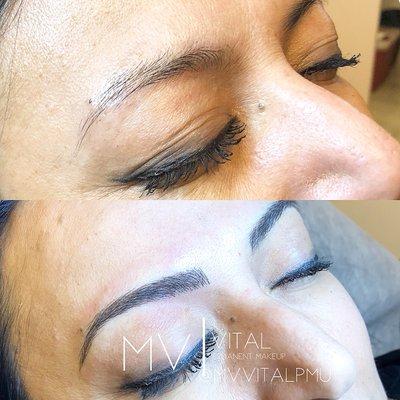 Microblading before and after a semipermanent look that heals really softly:) for more information 909-452-0256