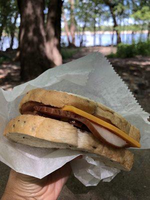 Smoked pork loin sandwich on rye with cheddar