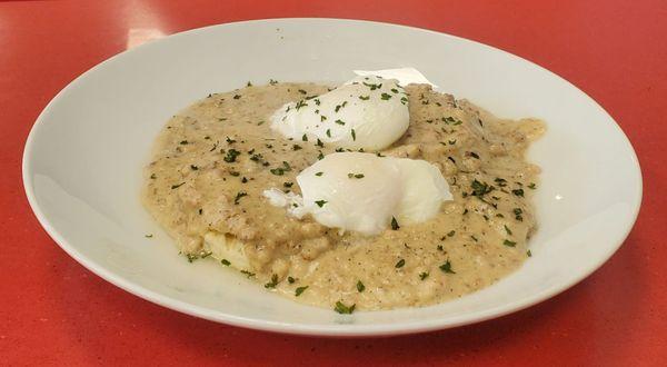 Sausage and gravy, 2 poached eggs