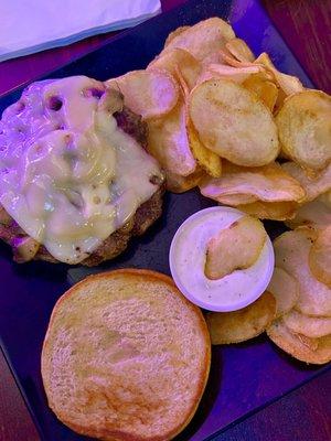 Mushroom and Swiss Burger with house chips