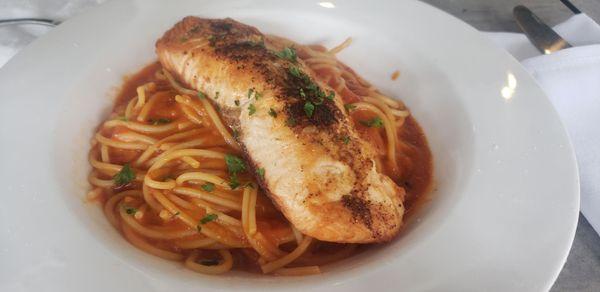 Blackened Salmon with spaghetti marinara sauce