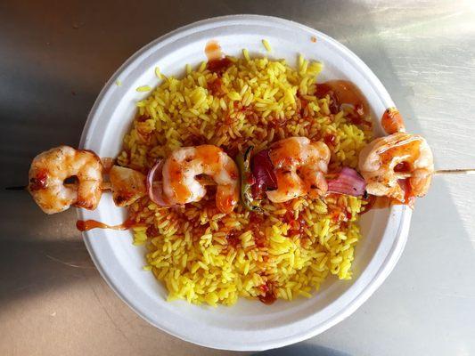 Chili Bourbon Shrimp Kabob with Yellow Rice