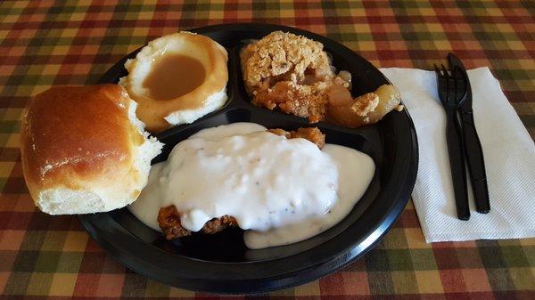 Country Fried Steak, Mashed Potatoes and Brown Gravy, Apple Cobbler, Roll