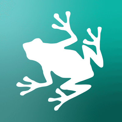 Razorfrog white frog brandmark on turquoise aurora gradient background.