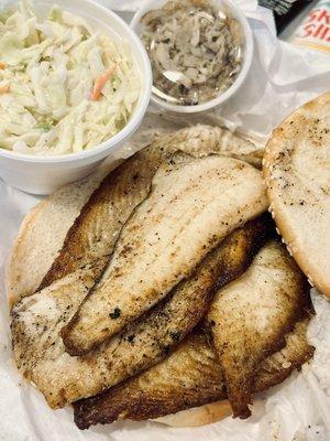 Grilled Fat Flounder Samwich w/ side of Homemade Coleslaw & Side cup of crabmeat!!!