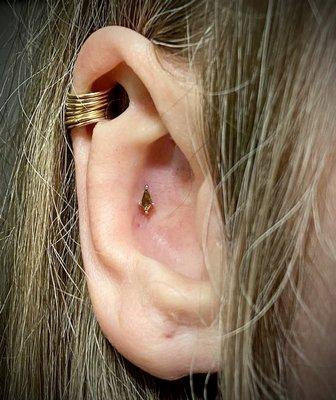 Conch piercing done by Liz Gore with Smokey quartz in a 14k gold setting from Buddha Jewelry