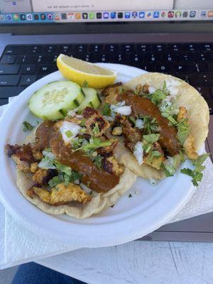 Hand made corn tortilla chicken taco. Melt in mouth w crispy chicken and hot salsa