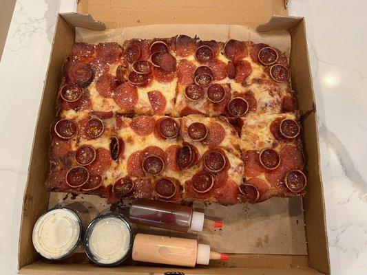 Pepperoni Pizza with Ranch, Hot Honey & Wowie Sauce. AMAZING!!