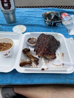 1/2 slab of baby backs with beans and bbq chips! Omg the ribs are amazing!!!