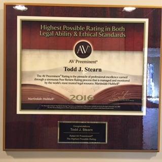 2016 Martindale-Hubell AV rating.  The highest peer review rating for ethics and legal ability.