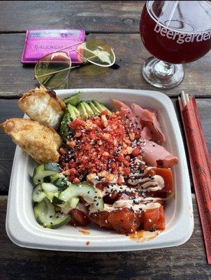 Spicy Tuna Bowl with Pork Gyoza and Flaming Hot Cheetos