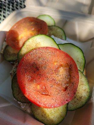 Plain bagel, cream cheese, cucumber, tomato  Yum yum