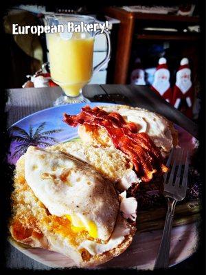 Fried egg with bacon sandwich on ciabatta bread.