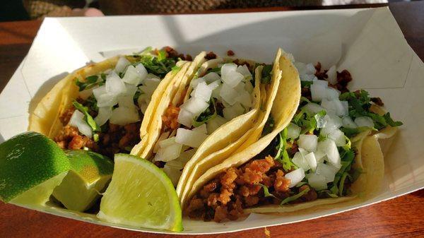 Veggie chorizo tacos ($3.25 each), vegan by default. Super tasty and authentic.