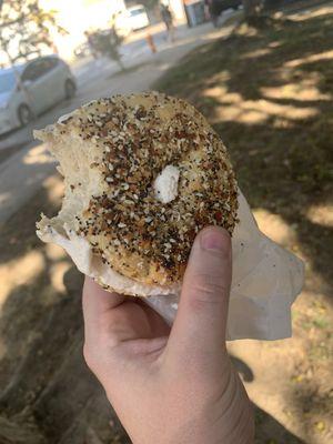 Tiniest everything Bagel with smoked salmon cream cheese Spread