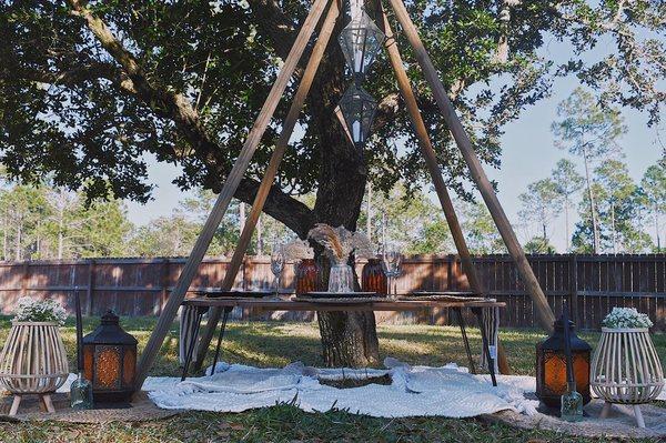 Bohemian picnic set up