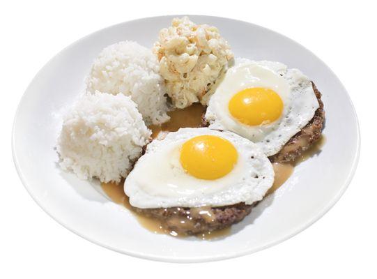 Loco Moco! Savory hamburger patties over rice, covered with gravy and topped with eggs. Served island style... a local favorite!