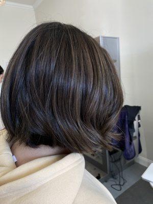 Custom dimensional brunette + lived in haircut