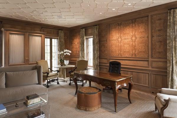 Upscale Home Office with burled walnut paneling