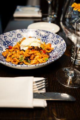 Spicy gemelli with Nduja, eggplant and ricotta cheese