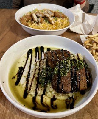 Seitan Steak and Chicken Tender Mac & Cheese.