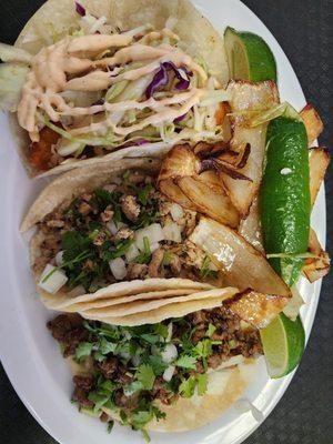 Fish taco, pollo taco, carne asada taco