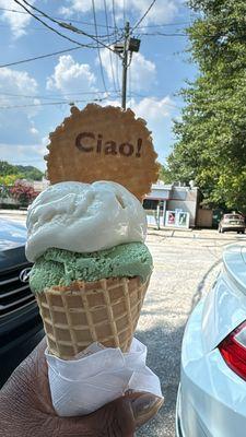 Small Waffle Cone with Banana and pistachio Gelato