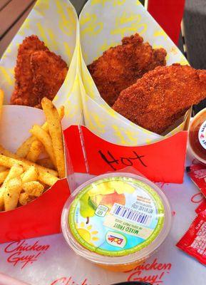 Kids chicken tenders, fries, fruit cup.