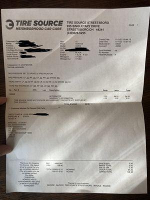 Receipt for the actual repair from Tire Source, $109.46