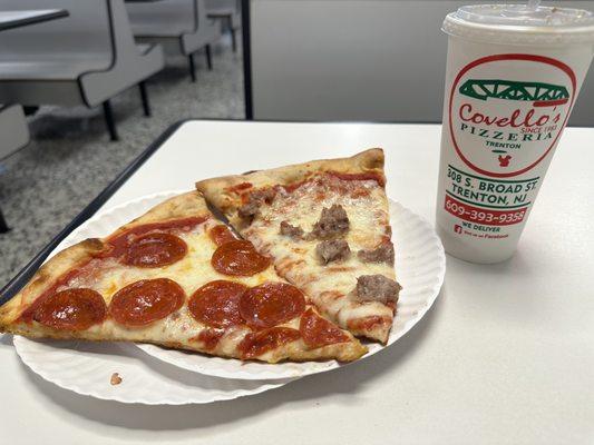 Sausage and pepperoni slices with a soda