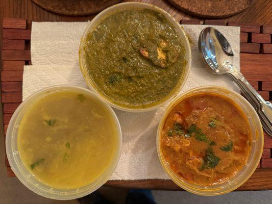 Trio of daal, spinach paneer, and vegetable curry.