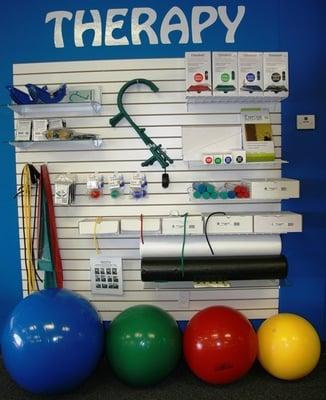 Foam rollers, exercise balls, Calf Stretcher, Thera-cane, resistance bands, and many more therapy products.