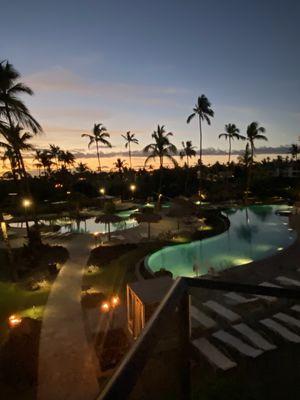 The pool area at night so tranquil