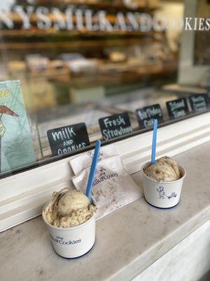 Milk and cookies ice cream and warm choc chip cookies