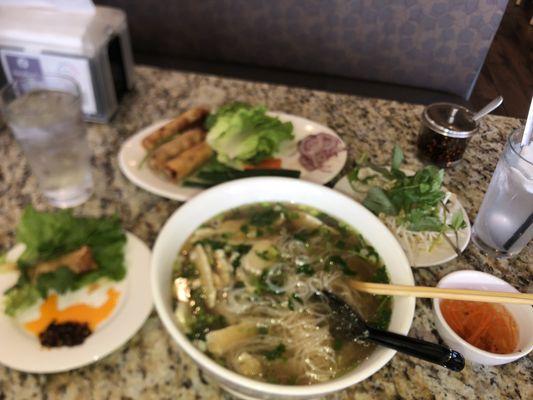 Chicken pho, Vietnamese egg rolls, chili oil