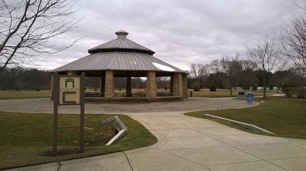 large pavilion for performance and special occasions on the east end of the park