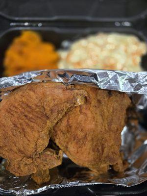 Porkchop dinner with potato salad and yams. So good!