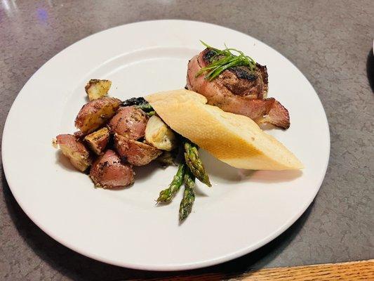 Bacon wrapped filet, red potatoes, and asparagus.