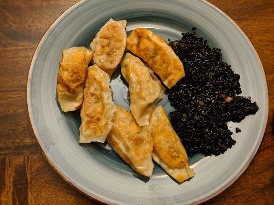 Corn and "crab" dumplings with ginger fried black rice