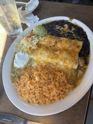 Enchiladas with camarones and black beans.