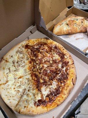 Alfredo chicken pizza and Texas BBQ Chicken