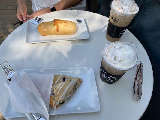 Gluten Free Blueberry Scone | Grande Iced Choco Loco | Sausage + Cheese Kolache | Venti Iced Blonde